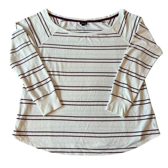 Torrid Striped Long Raglan Sleeve Pullover Scoop Neck Top White Burgundy Size 1 - Picture 1 of 8
